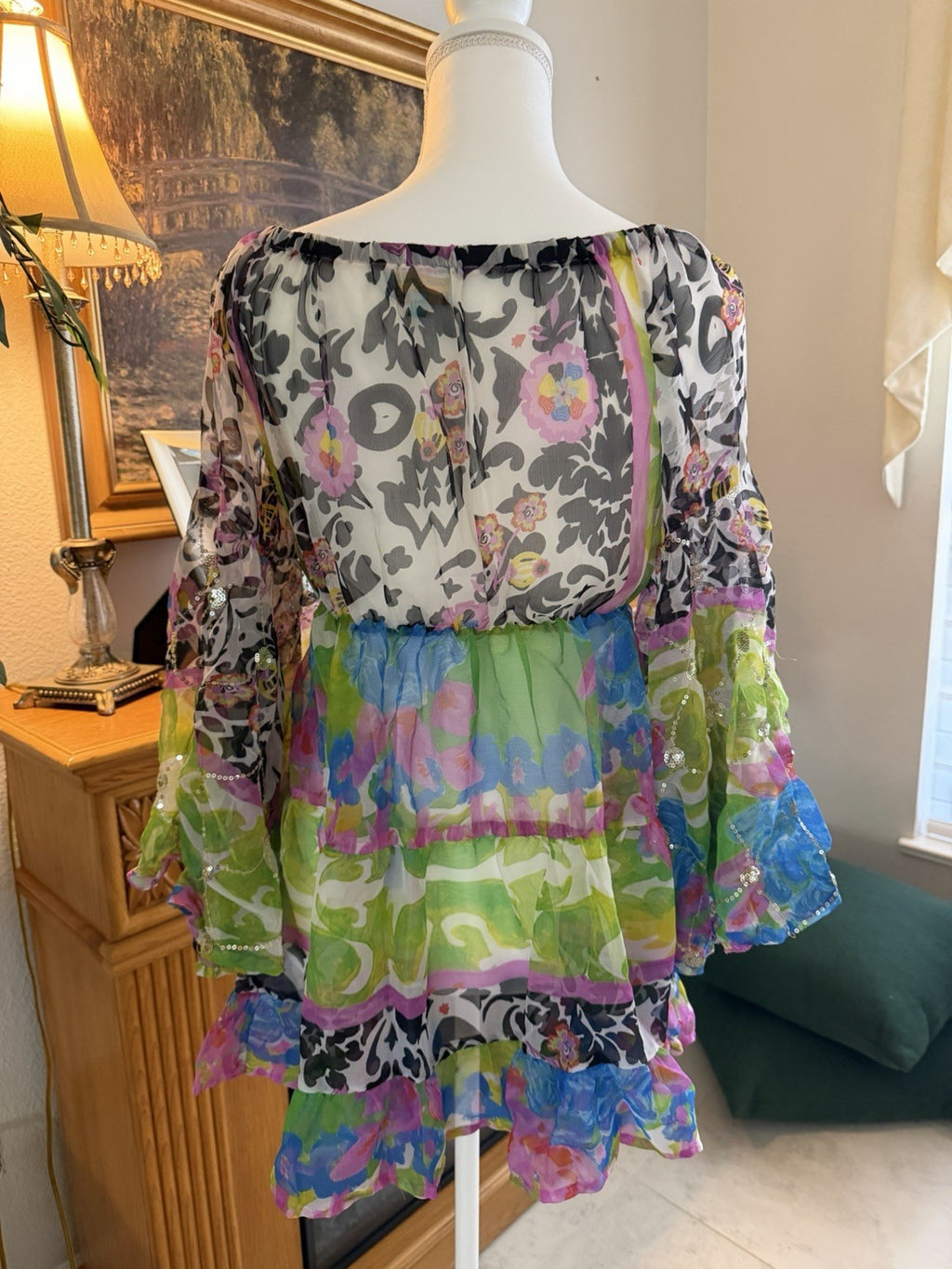 Antica Sartoria Green White Pink Fun Print Beaded Off Shoulder Short Dress O/S