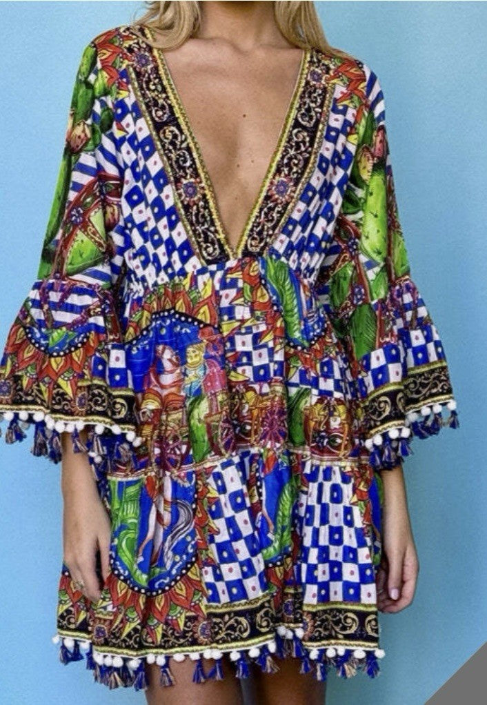ANTICA SARTORIA BLUE & WHITE FUN ITALIAN PRINT TIE FRONT DRESS NWT OS