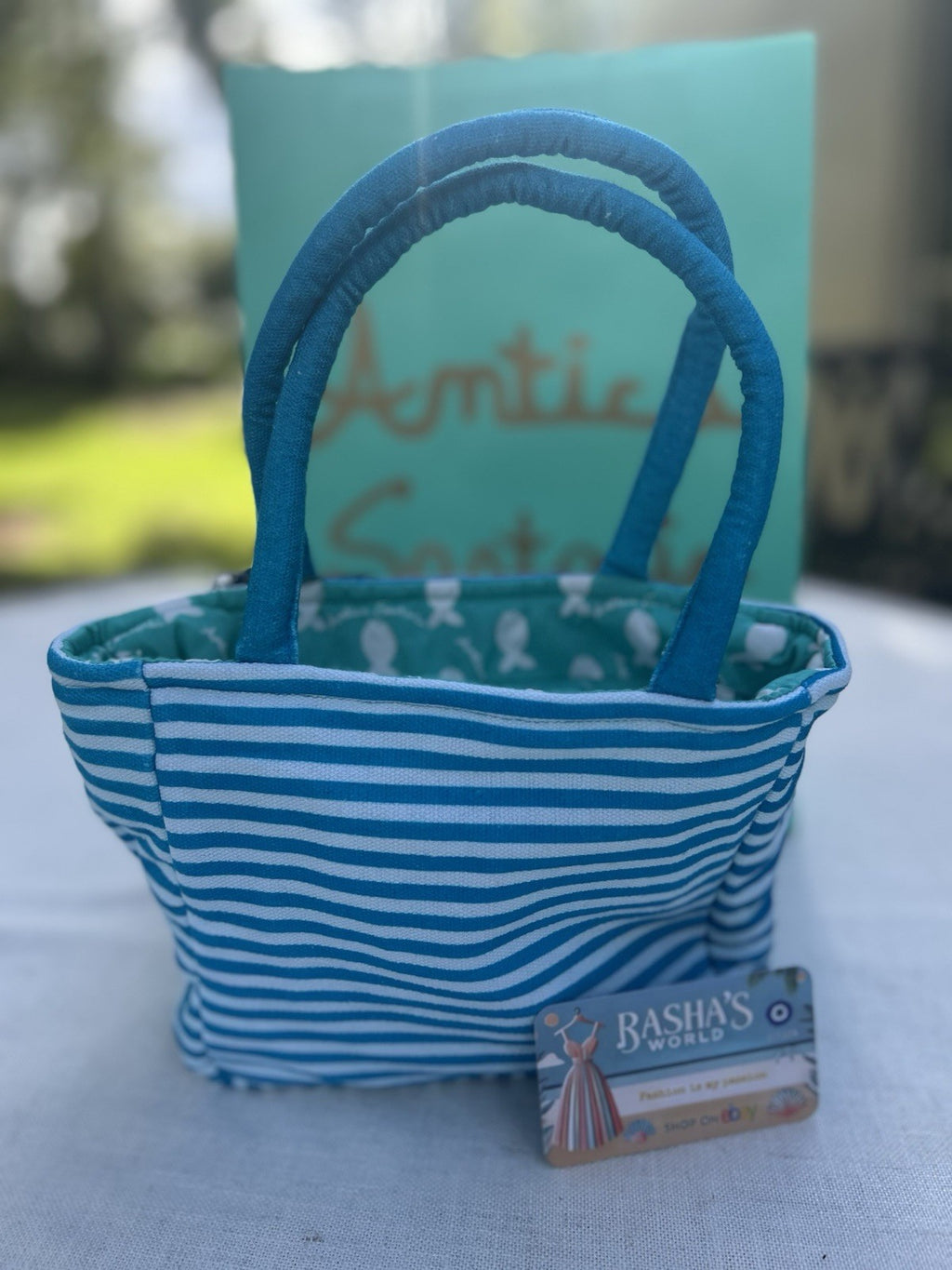 Antica Sartoria 2025 Lemon Blue White Striped Tote Zipper Bag With Tassel NWT