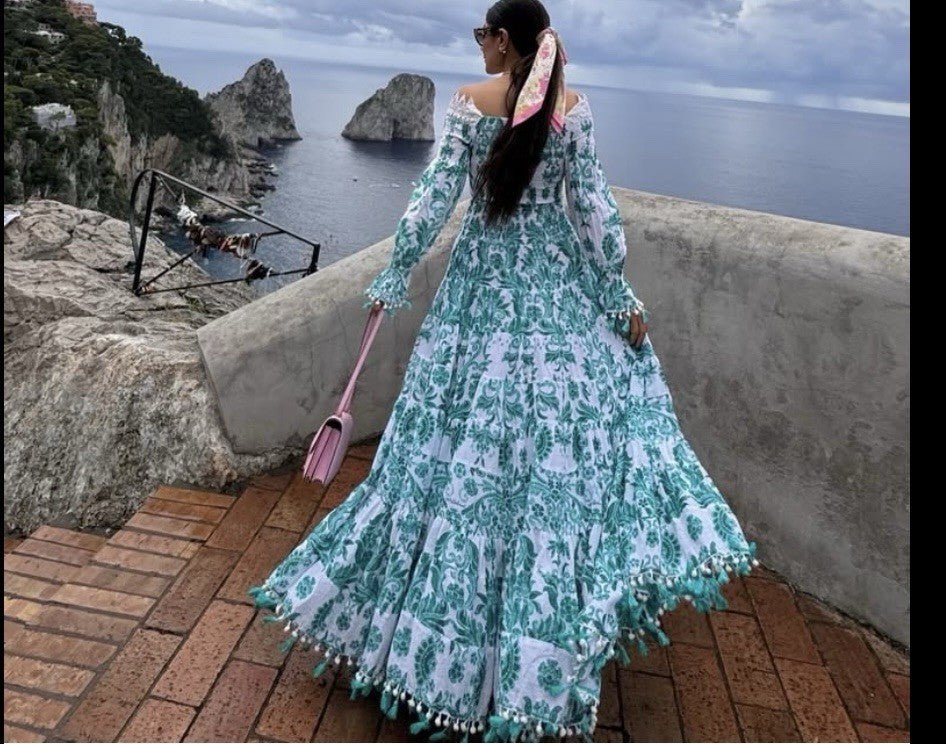 Antica Sartoria 2024 Aqua Long Back Short Front Flower Off Shoulder Dress NWT