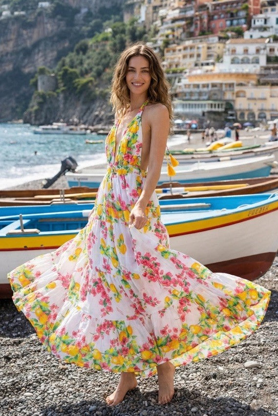 Antica Sartoria 2026 White Pink Flowers & Lemon Backless Halter Long Dress O/S