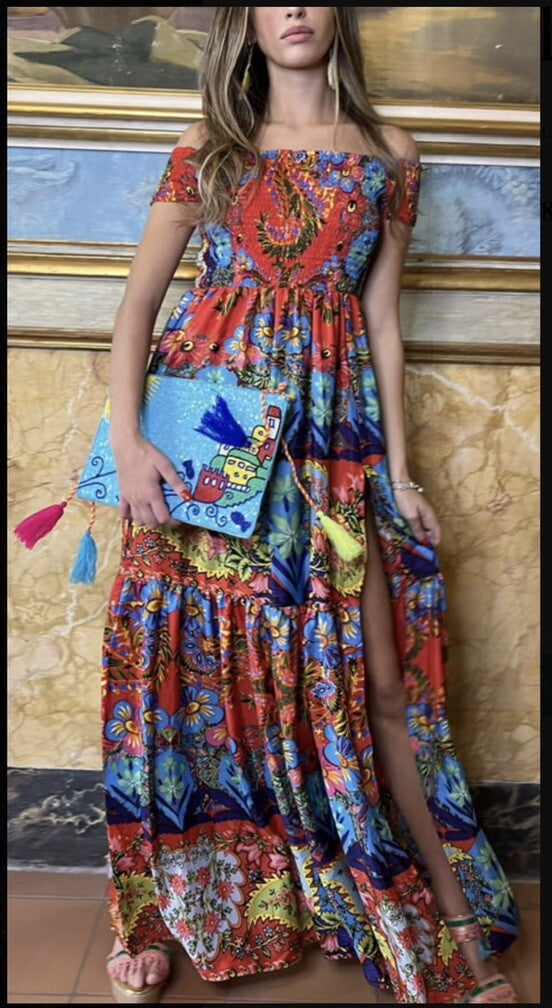 ANTICA SARTORIA GORGEOUS PRINT FLOWERS SMOCKED TOP LONG DRESS NWT O/S