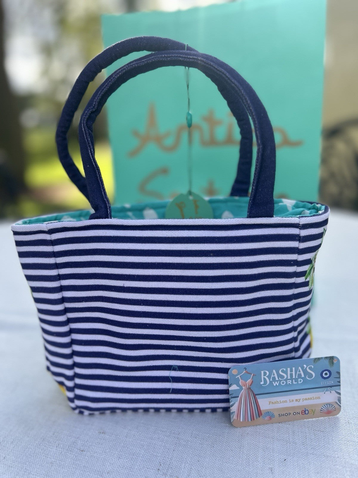 Antica Sartoria 2025 Lemon Navy White Striped Tote Zipper Bag NWT