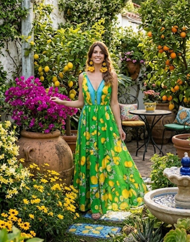 Antica Sartoria 2026 Green Blue & Lemon Strappy Long V Neck Front & Back Dress