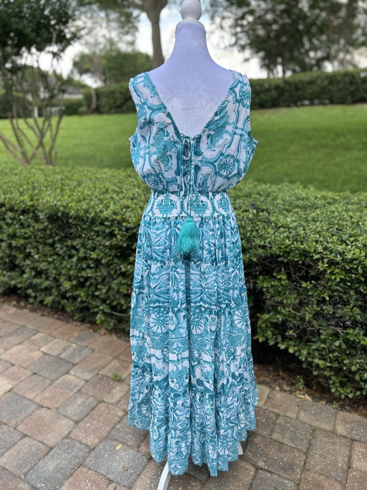 Antica Sartoria 2024 Aqua & White Beautiful Long Dress V-Neck NWT O/S