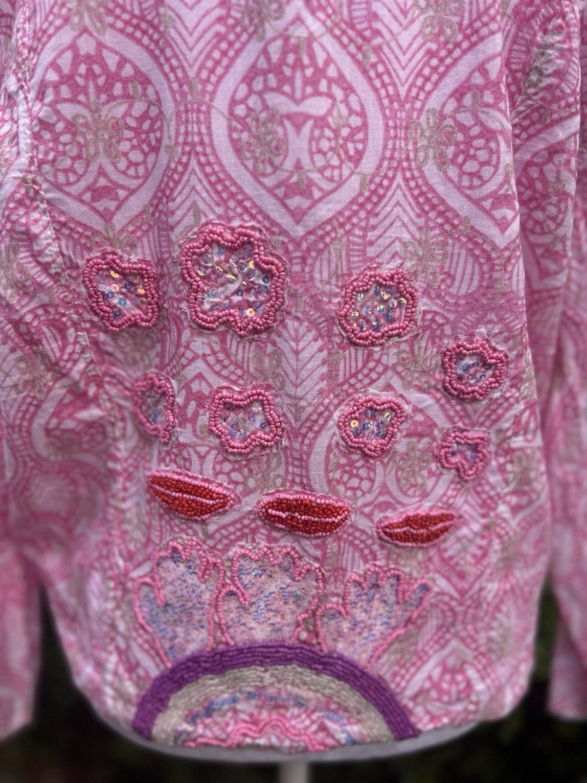 Antica Sartoria 2025 Pink White Print Antica Beaded Jacket Medium NWT