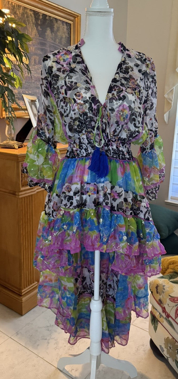 Antica Sartoria Fun Print Green Pink High Low Chiffon Dress O/S
