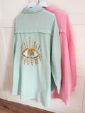 Made In Italy Mint Green Sequin Cheesecloth Top Eye Shirt Cover Up Free Size NWT