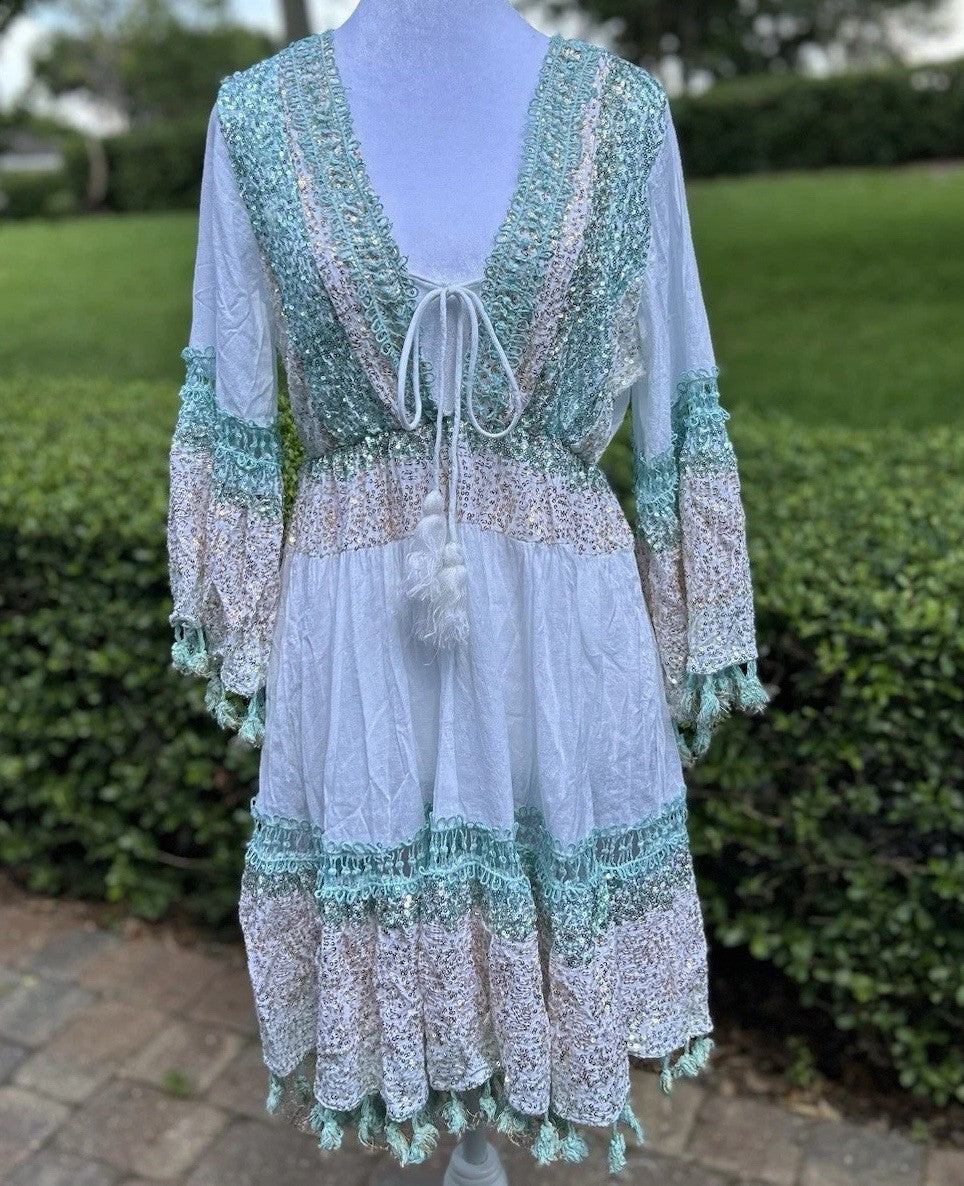 ANTICA SARTORIA 2024 WHITE AQUA GOLD TIE FRONT GORGEOUS SEQUINS OS DRESS LAST 1