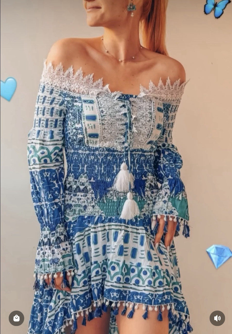 ANTICA SARTORIA 2024 BLUE & WHITE FISH & SCALES SHORT FRONT LONG BACK DRESS NWT
