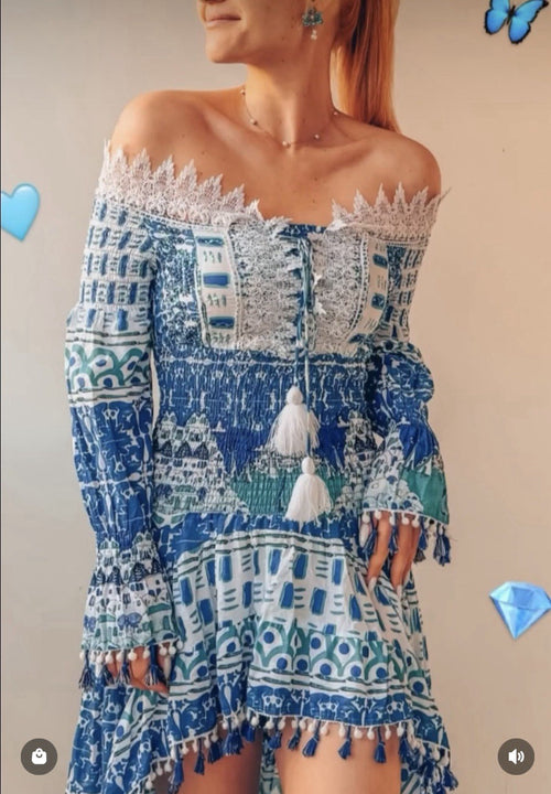 ANTICA SARTORIA 2024 BLUE & WHITE FISH & SCALES SHORT FRONT LONG BACK DRESS NWT