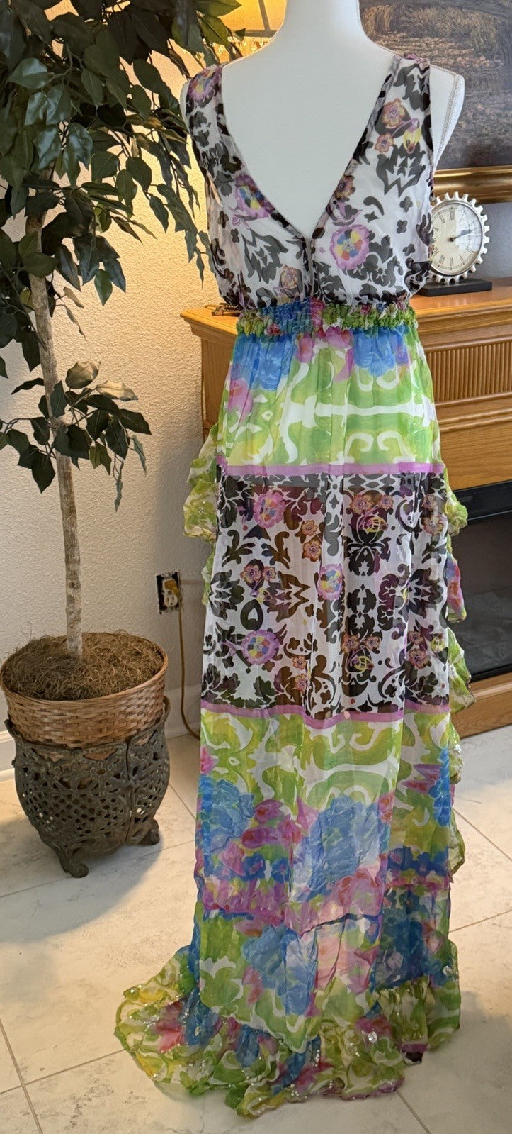 Antica Sartoria Beaded Colorful Green Black Pink High Low Sleeveless Dress O/S