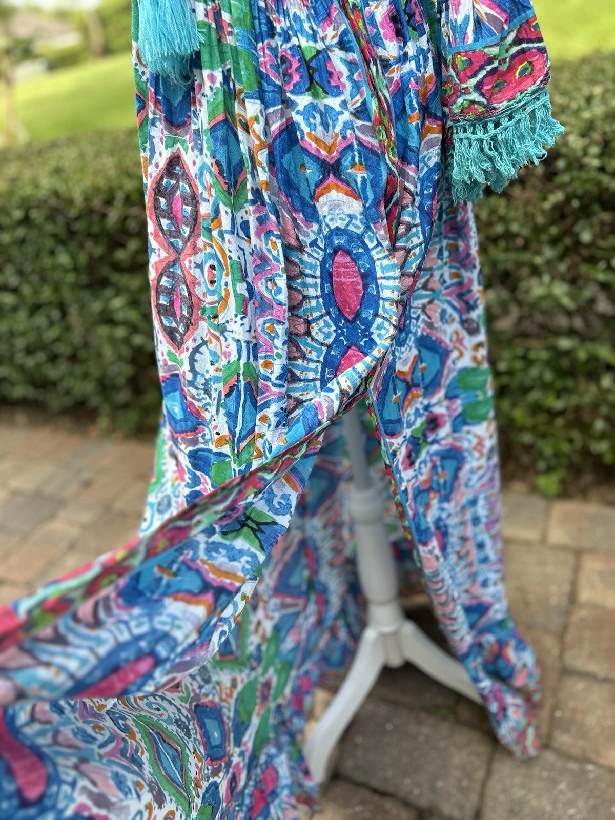 Antica Sartoria 2024 Blue Pink & White Evil Eye Long V Neck Beaded Dress NWT O/S