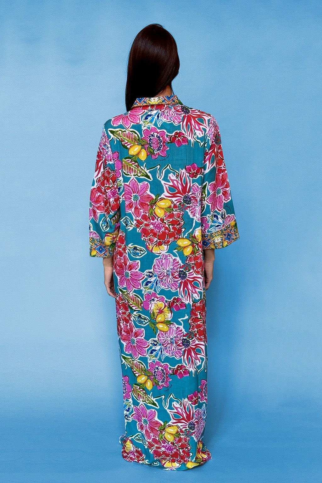 ANTICA SARTORIA 2024 AQUA LEMONS FLOWER LONG KAFTAN DRESS NWT L/XL LAST ONE