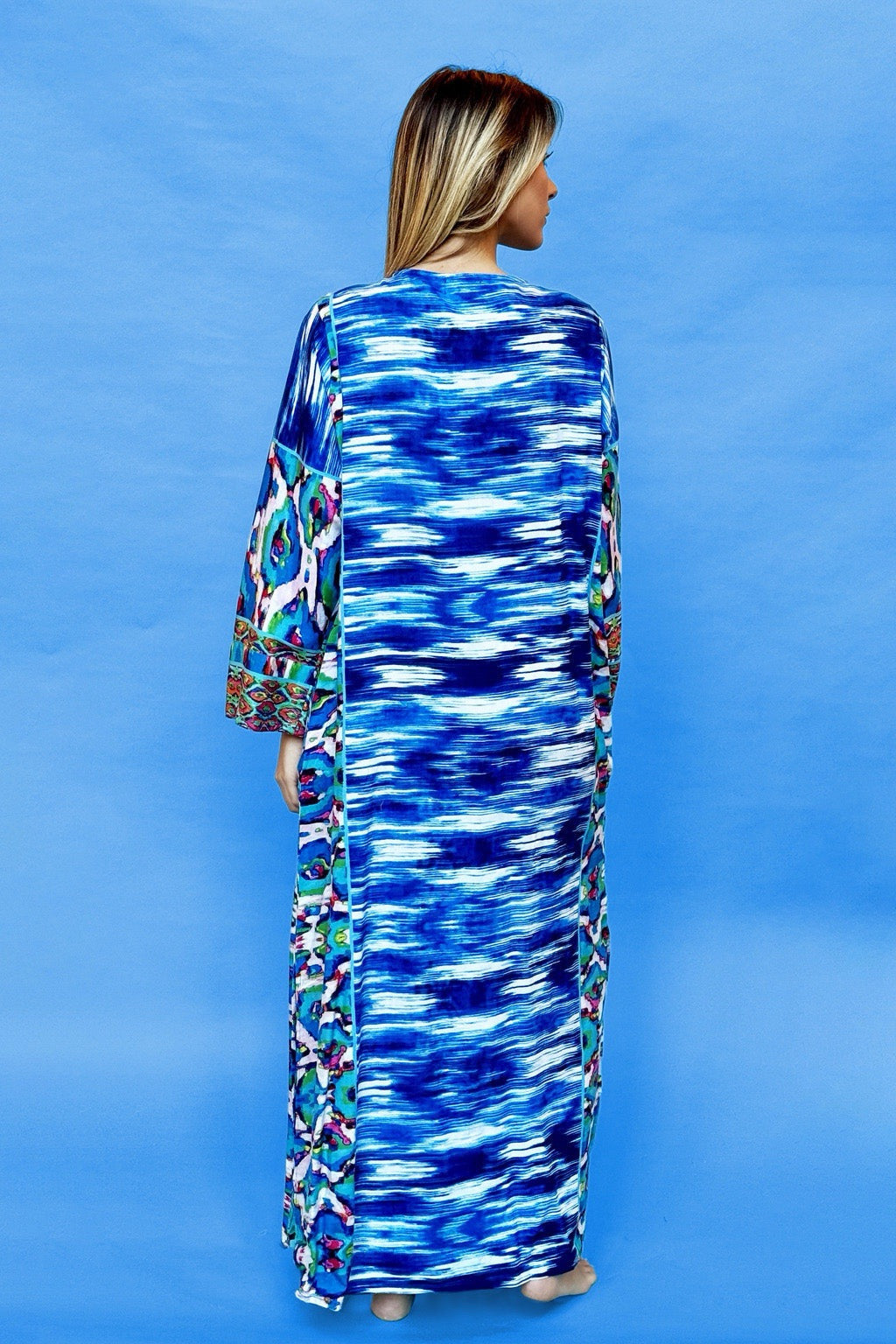 ANTICA SARTORIA BLUE WHITE SEQUINS LONG KAFTAN DRESS NWT L/ XL
