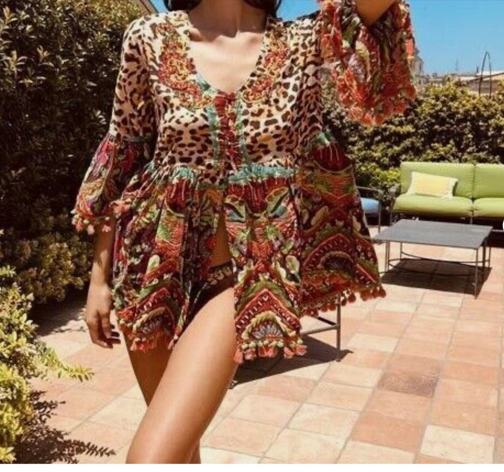 Antica Sartoria Leopard & Flowers 3 Button Flare Dress Top 🐆❤️💚