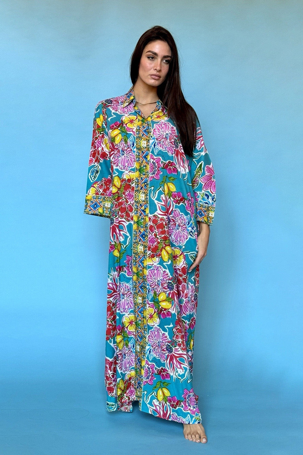 ANTICA SARTORIA 2024 AQUA LEMONS FLOWER LONG KAFTAN DRESS NWT L/XL LAST ONE