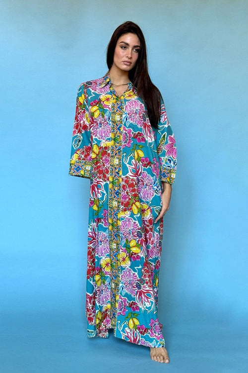 ANTICA SARTORIA 2024 AQUA LEMONS FLOWER LONG KAFTAN DRESS NWT L/XL LAST ONE