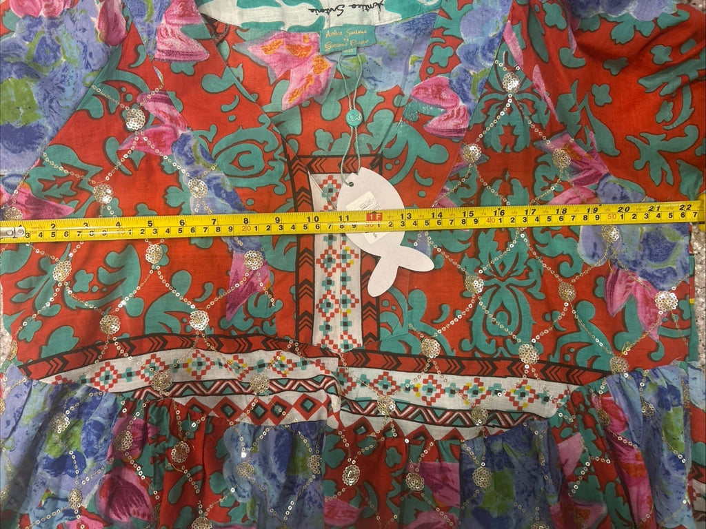 ANTICA SARTORIA RED AND AQUA CUTE DRESS SEQUINS V NECK MUMU NWT O/S