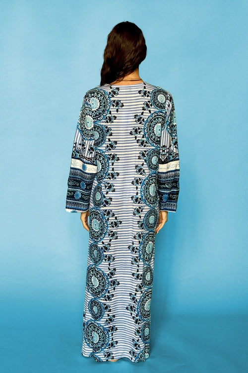 ANTICA SARTORIA 2024 WHITE & BLUE SEQUINS LONG KAFTAN DRESS L/XL NWT LAST ONE
