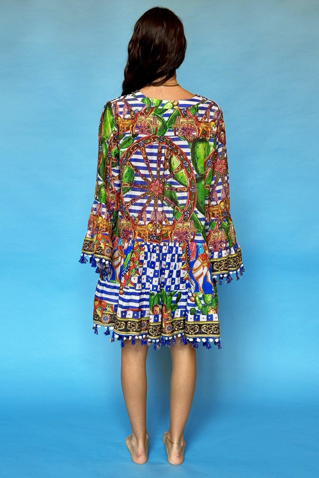ANTICA SARTORIA BLUE & WHITE FUN ITALIAN PRINT TIE FRONT DRESS NWT O/S